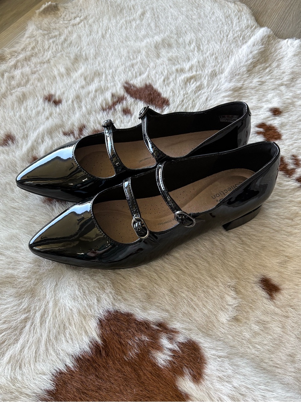 Clarks Natalyn Black Patent Double-Strap Mary Jane Pointed Flats - See photo